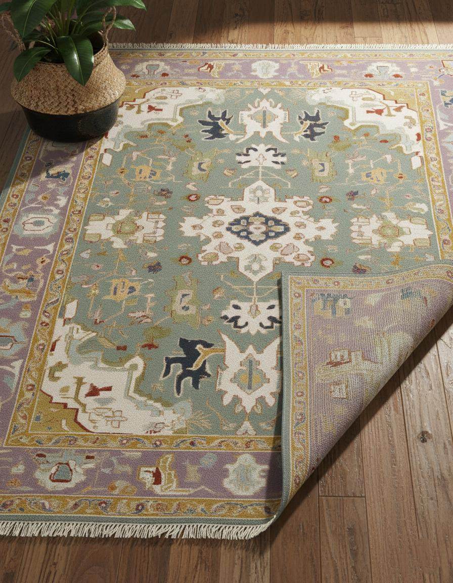 Hand-tufted wool area rug with vintage pastel medallion and boho Persian design
