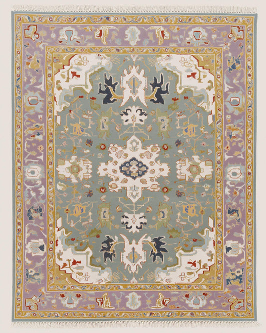 Hand-tufted wool area rug with vintage pastel medallion and boho Persian floral design