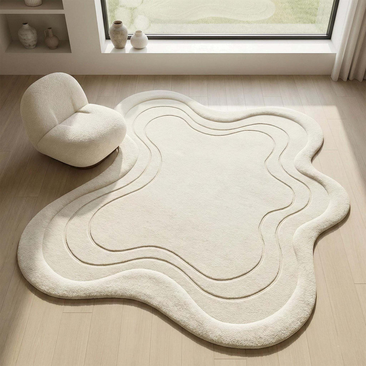 Hand tufted wool abstract rug in ivory with organic irregular shape placed in modern minimalist living room. __etsy:7756229489