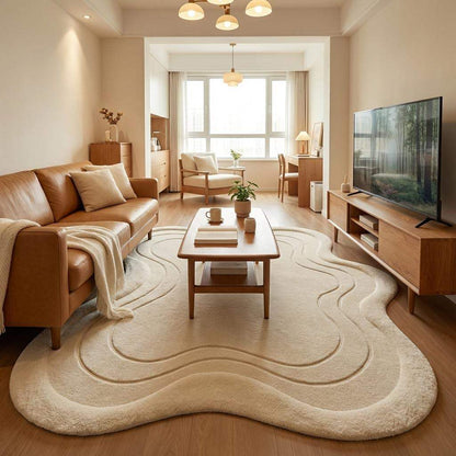 Contemporary abstract wool carpet with dimensional carving and thick plush surface for living room comfort. __etsy:7756229579