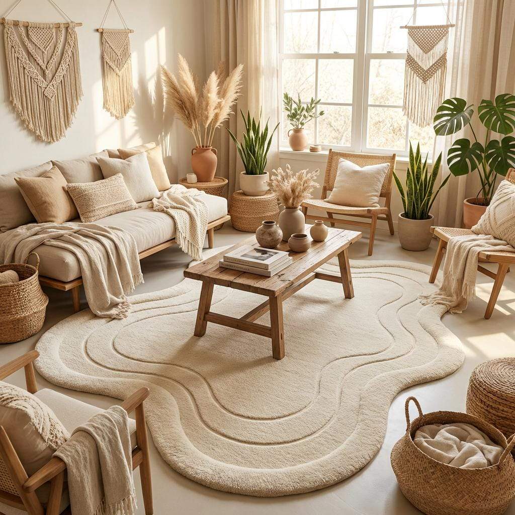 Irregular organic shaped wool rug designed for minimalist bedroom, meditation room, or calm contemporary interior. __etsy:7708290442