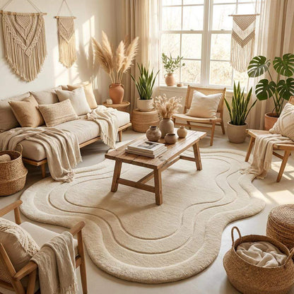 Irregular organic shaped wool rug designed for minimalist bedroom, meditation room, or calm contemporary interior. __etsy:7708290442