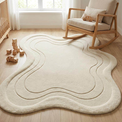 Neutral cream hand tufted area rug providing cozy texture and soft grounding feel in Scandinavian style space. __etsy:7756229587