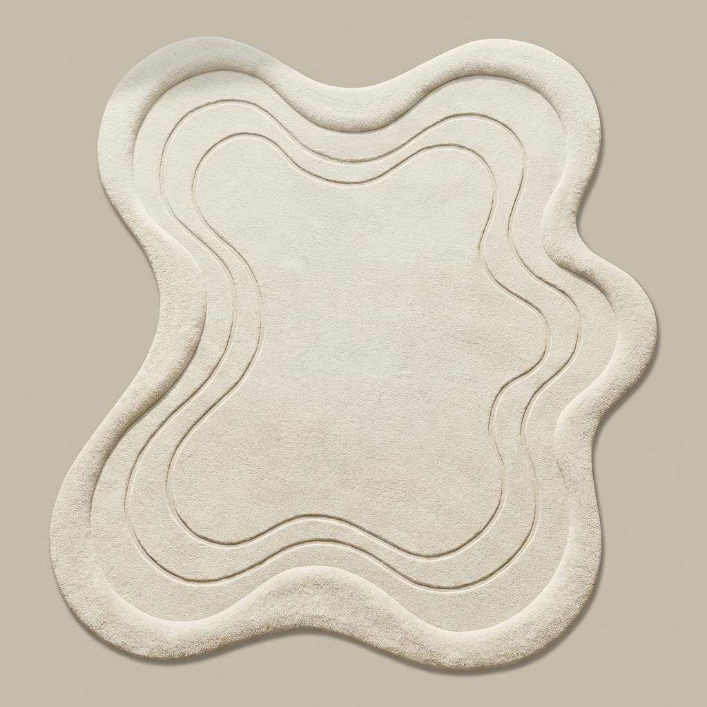 Modern sculpted ivory area rug with layered abstract lines styled beside curved accent chair on light wood floor. __etsy:7756229545