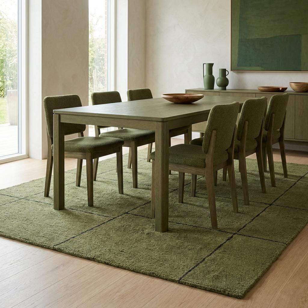 Hand tufted olive green wool rug with modern grid design for living room decor