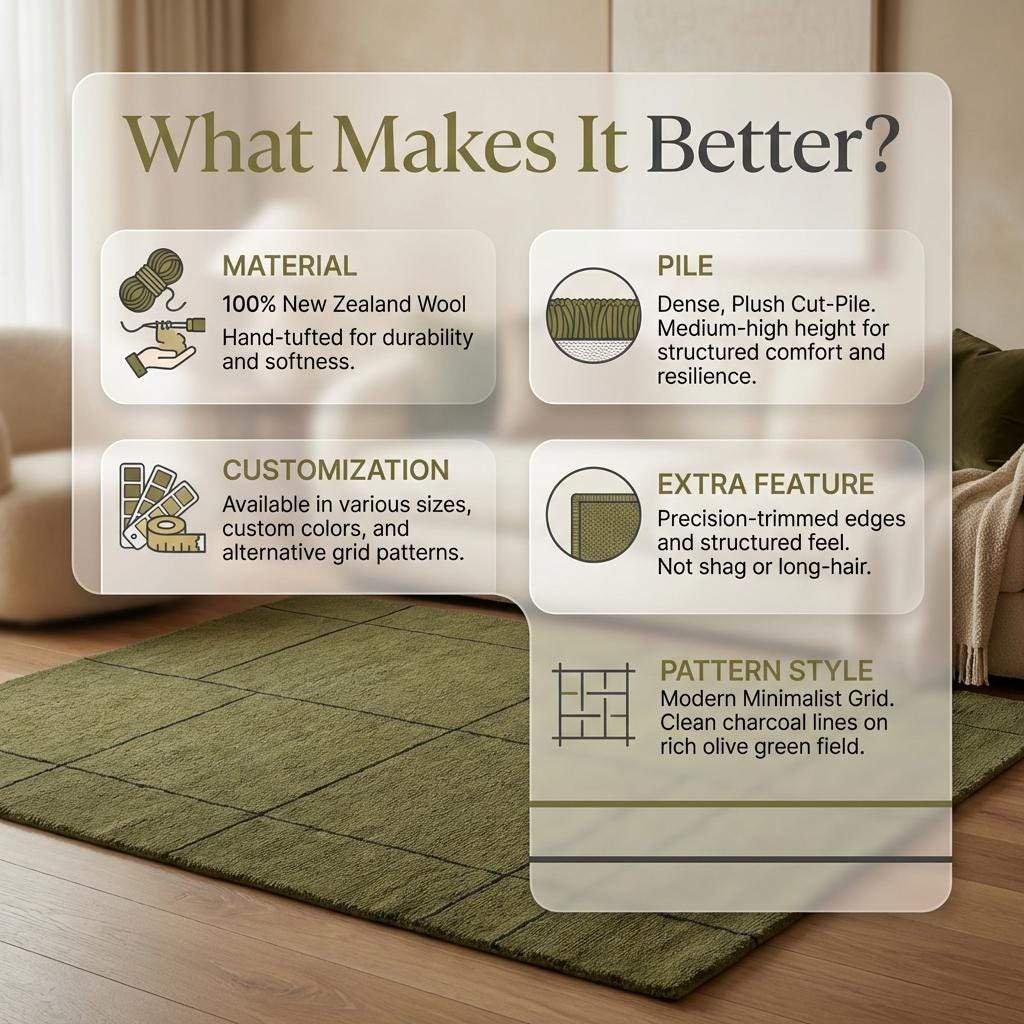 Hand Tufted Wool Rug Olive Green Modern Grid Area Rug for Living Room Contemporary Minimalist Home Decor __etsy:7776005983