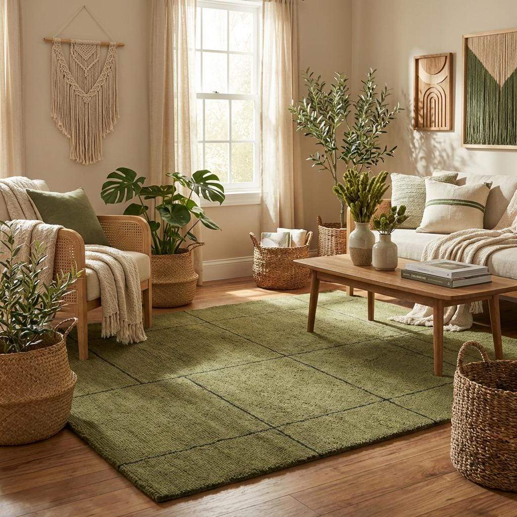 Hand tufted olive green wool rug with modern grid pattern for living room decor