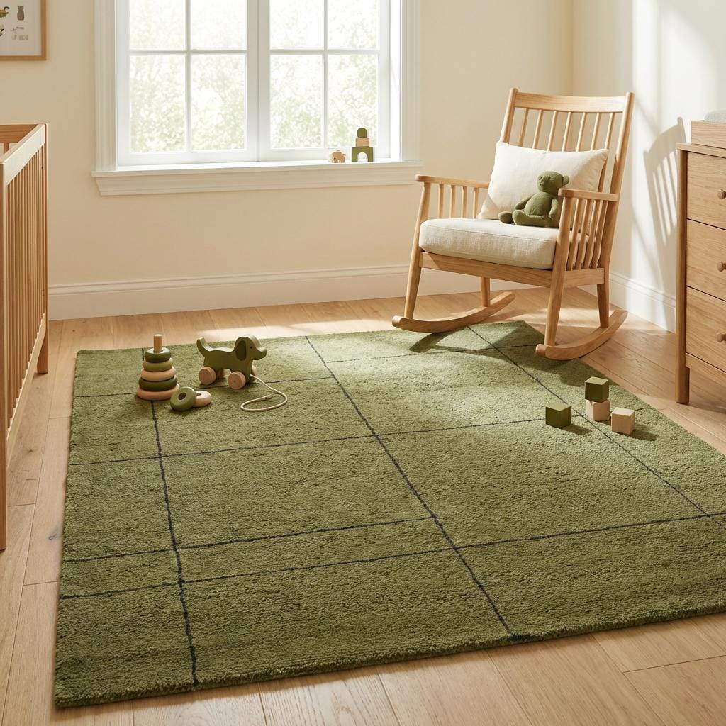 Hand tufted olive green wool rug with modern grid pattern for living room decor