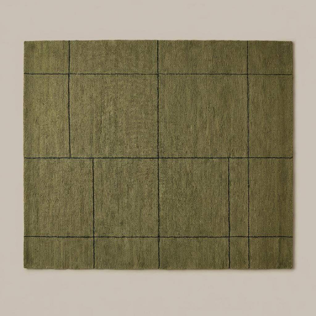 Hand tufted olive green wool rug with modern grid design for living room decor