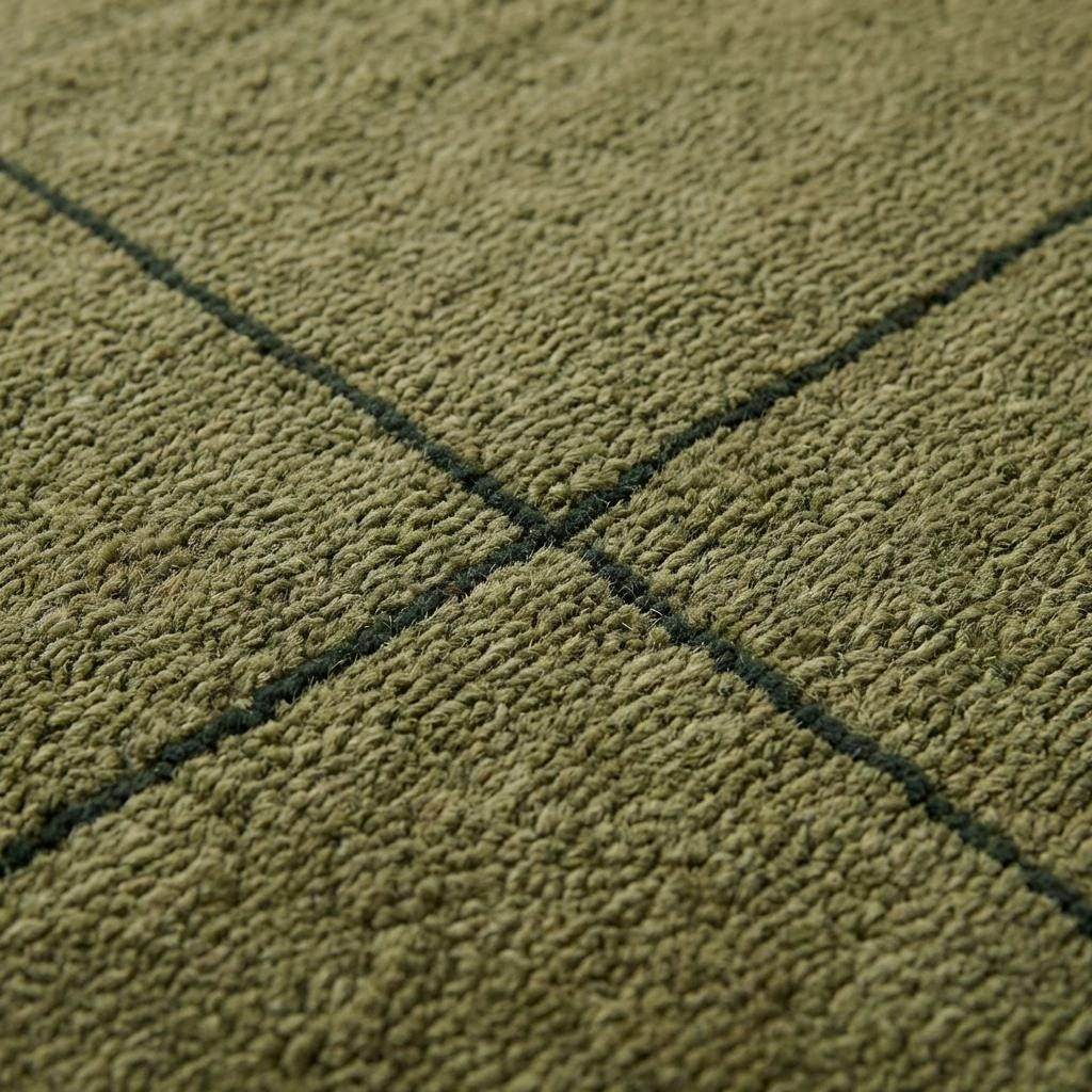 Hand tufted olive green wool rug with modern grid pattern for living room decor
