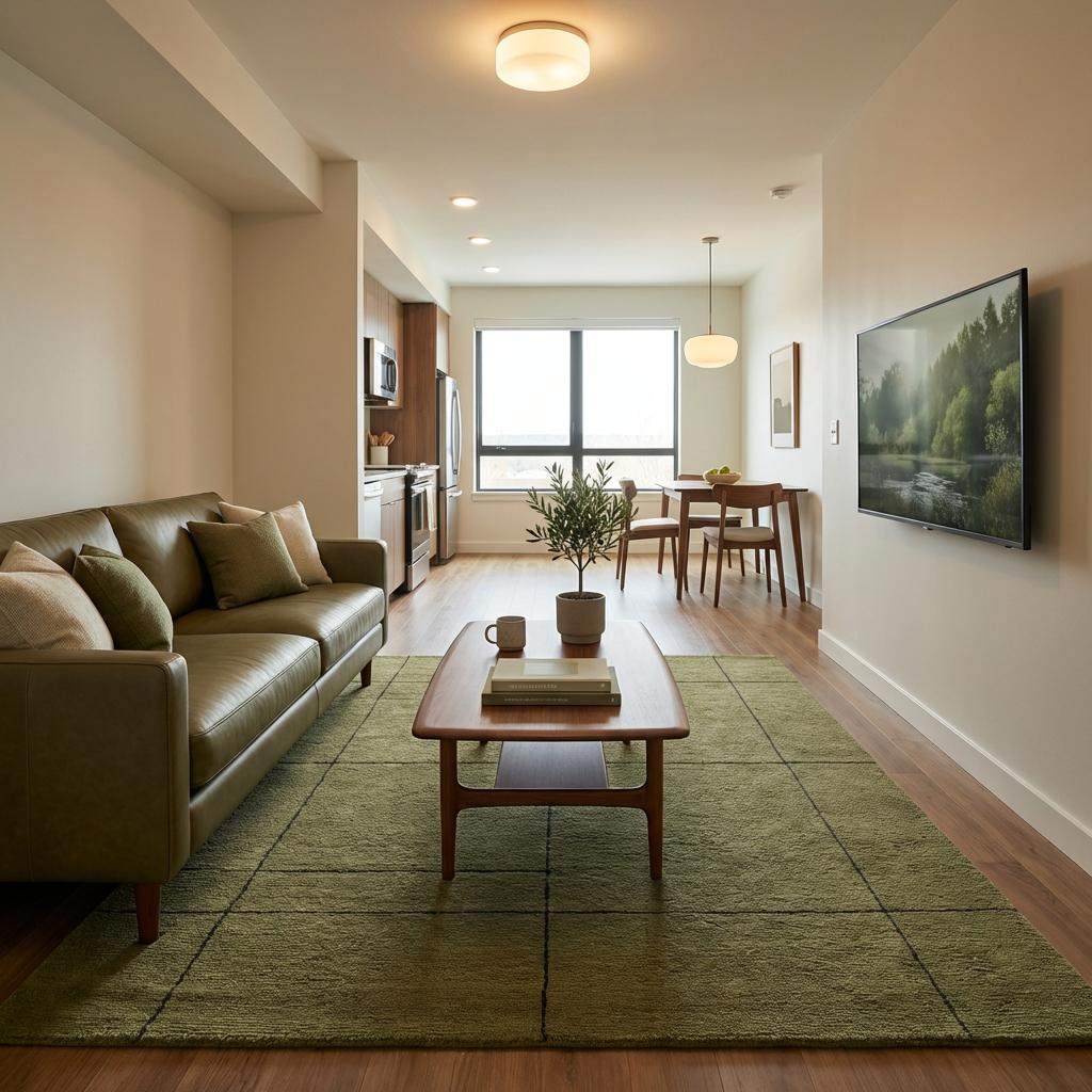 Large olive green wool rug with dark linear detailing ideal for living room or modern apartment __etsy:7728060870