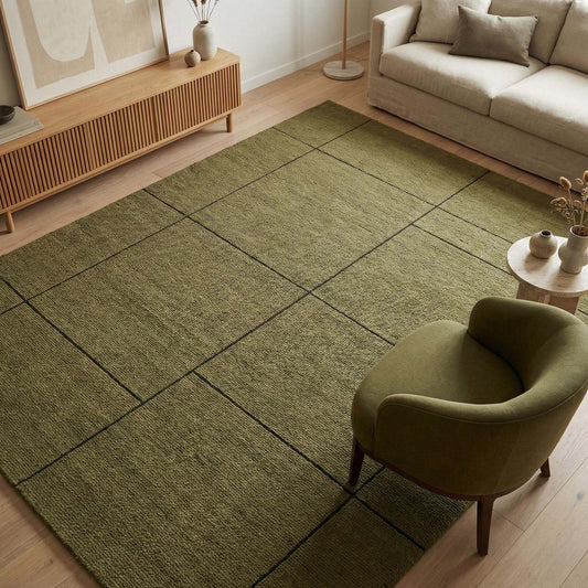 Hand tufted olive green wool rug with modern grid design for living room decor
