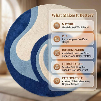 Hand-Tufted Wool Rug | Modern Abstract Blue & Orange Round Carpet __etsy:7455436268
