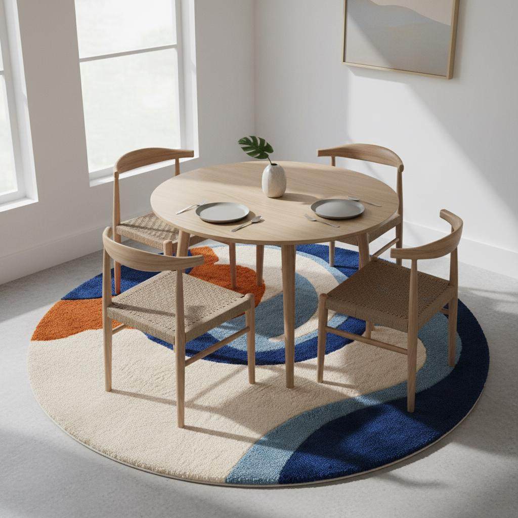 Hand-tufted round wool rug with abstract blue and orange design on hardwood floor in modern living room