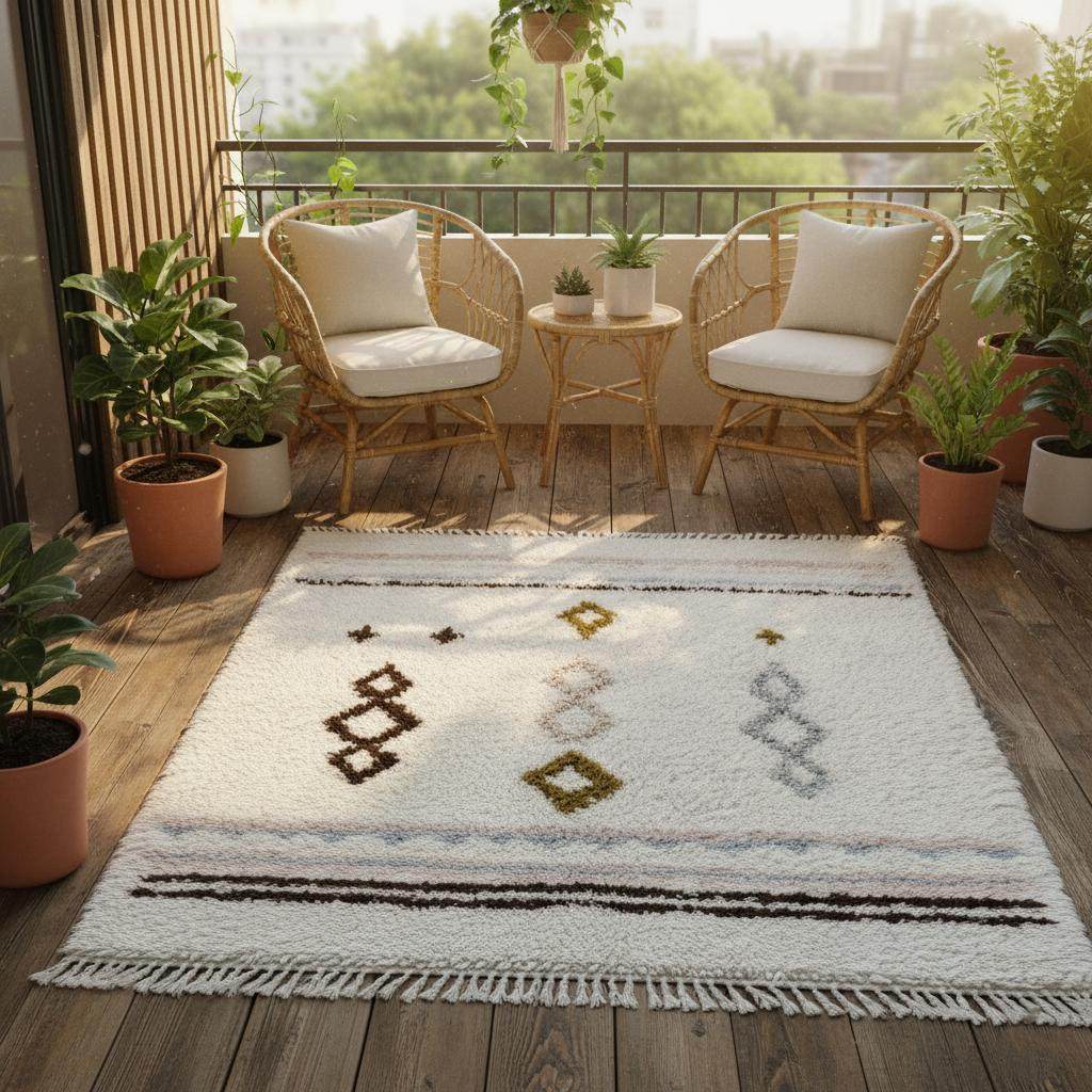 Hand-woven wool rug with pastel Moroccan diamond pattern in blush pink and powder blue on cream background for boho home decor