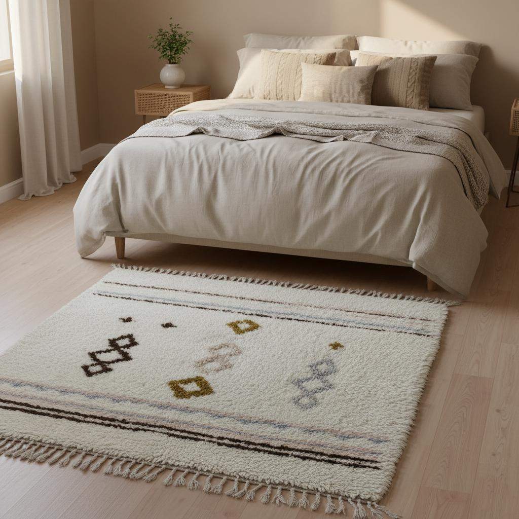 Hand-woven wool rug with pastel Moroccan diamond pattern in blush pink and powder blue on cream background for boho home decor