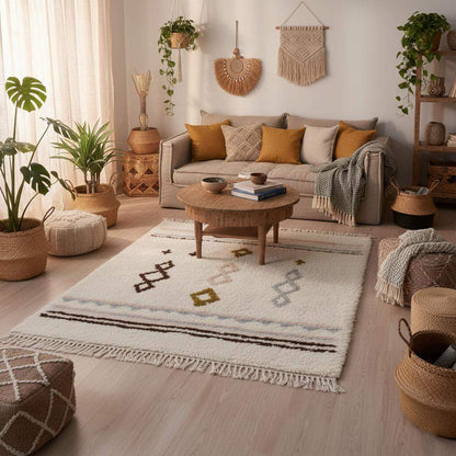 Hand-woven wool rug with pastel Moroccan diamond pattern in blush pink and powder blue on cream background for boho home decor