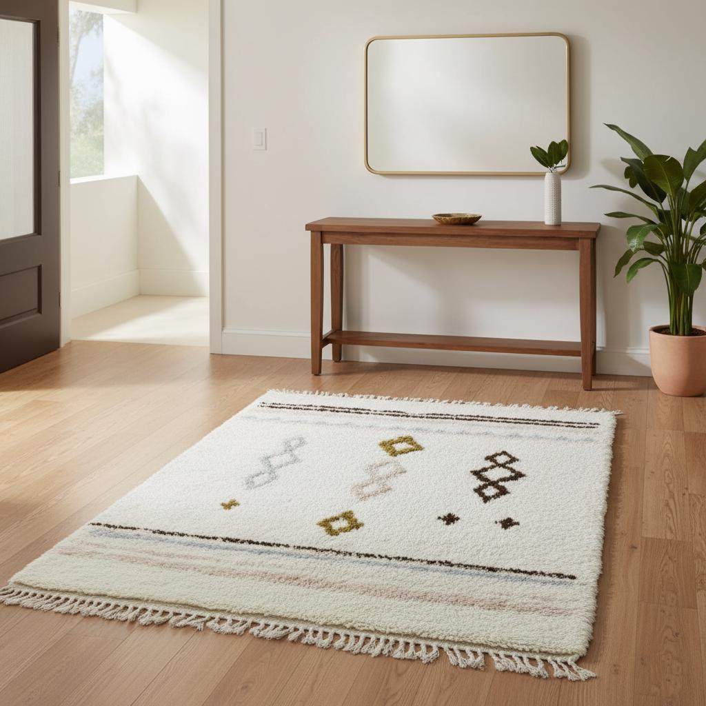 Hand-woven wool rug with pastel Moroccan diamond pattern in blush pink and powder blue on cream background for boho home decor