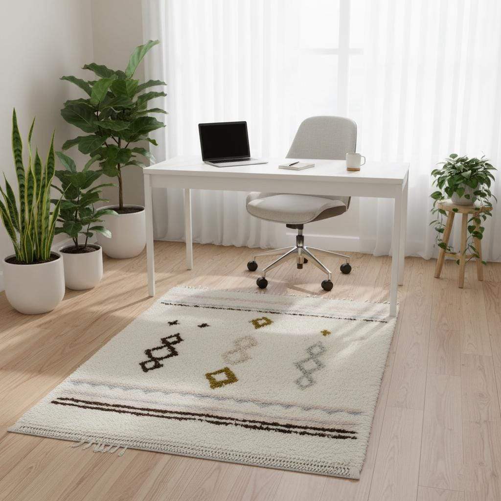 Hand-woven wool rug with pastel Moroccan diamond pattern in blush pink and powder blue on cream background
