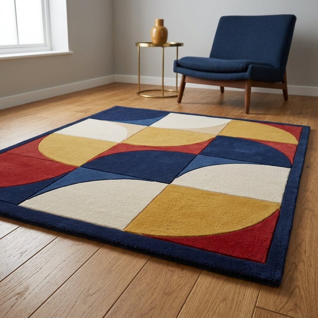 Handmade Retro Rug, a wool tufted carpet in navy, red, mustard and ivory with bold curved geometric blocks and a navy border.