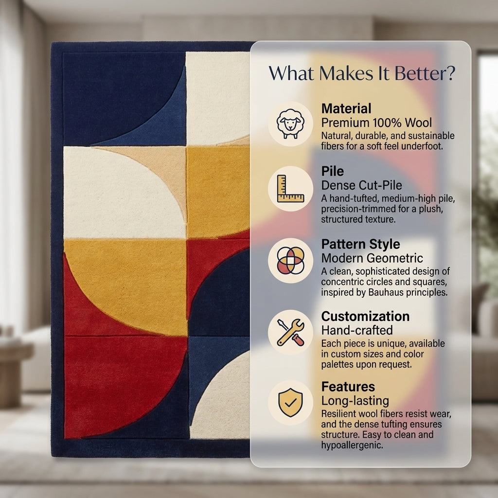 Handmade Retro Rug, hand-tufted wool with navy, red, mustard and ivory quarter-circle blocks and a navy border.