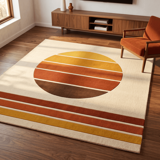 Handmade Retro Rug in ivory with a mustard, orange and brown striped sunset circle and bold horizontal bands