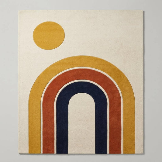 Handmade Retro Rug with a tufted wool pile, ivory base, and mustard, rust and navy nested arches with a sun circle.