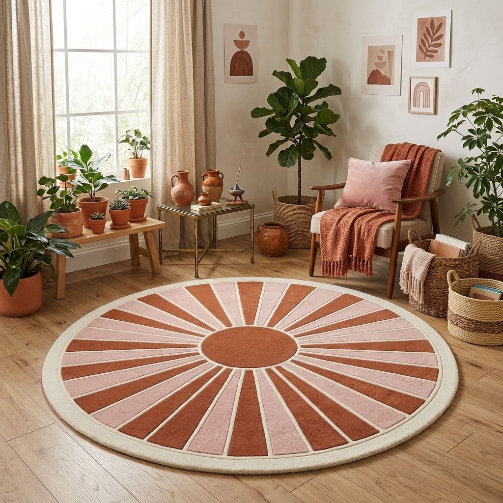 Oval Handmade Retro Rug in terracotta, blush pink and ivory, with radiating sunburst panels and a wide cream border.