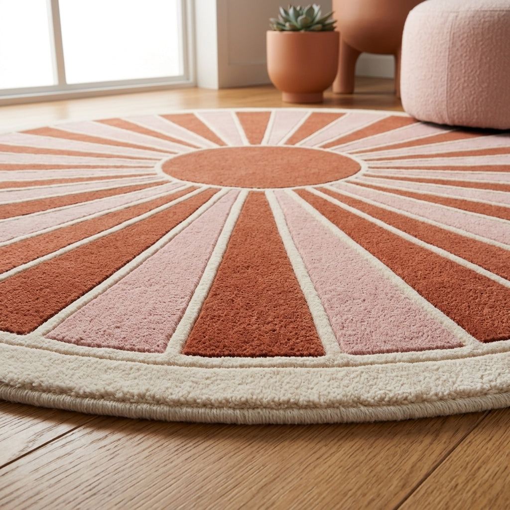 Handmade Retro Rug in terracotta, blush pink and ivory wool, with a plush oval sunburst design and carved rays.