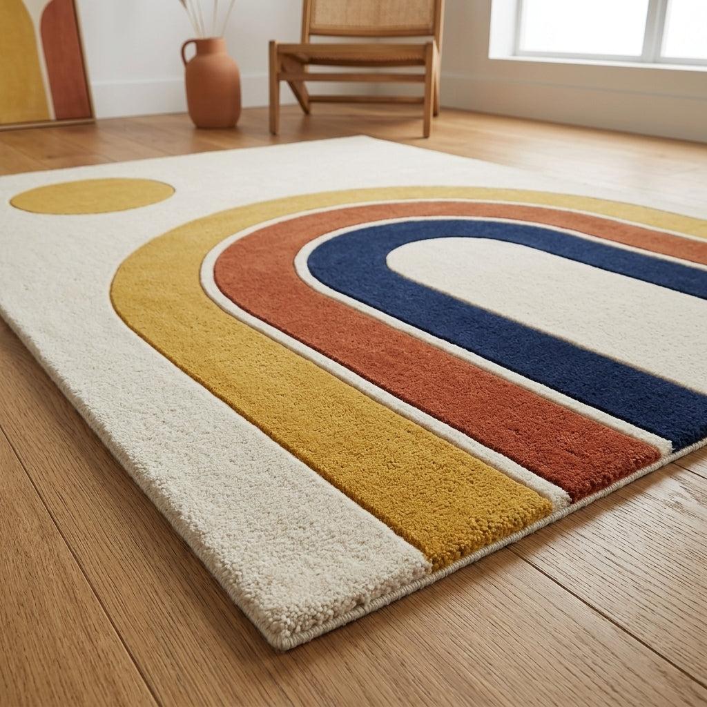 Handmade Retro Rug in ivory wool with mustard, rust and navy nested arches, raised tufted bands and a sun circle.