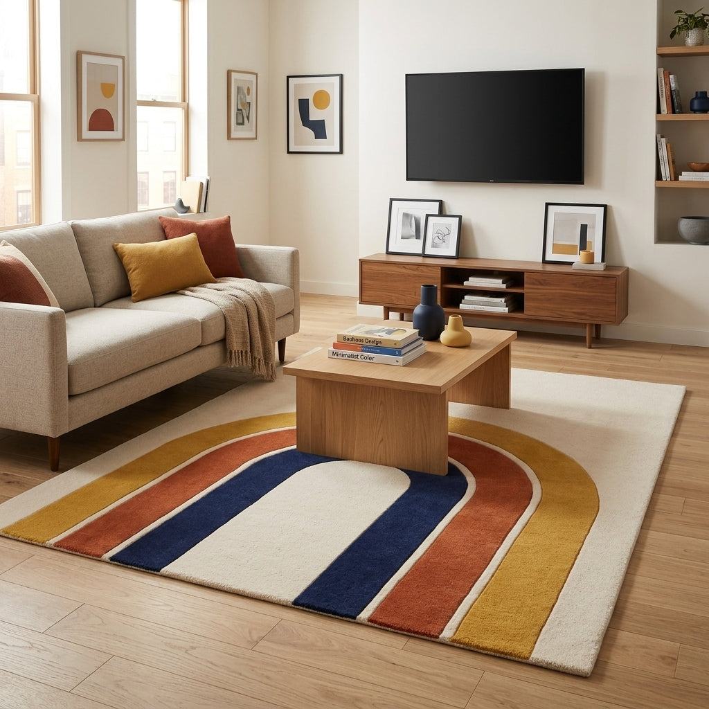 Rainbow arch rug, Handmade Retro Rug with ivory wool pile, mustard, rust and navy bands, and contrasting curved stripes.