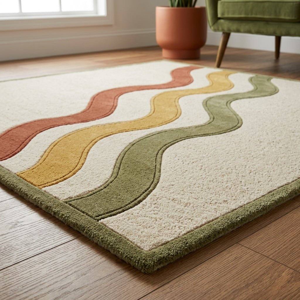 Hand Tufted Wavy Stripe Rug | Mid Century Retro Rug in Rust, Mustard & Olive - Wool Tufted Carpet