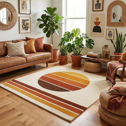 Handmade Retro Rug, wool tufted in ivory with a striped sunset circle in mustard, orange, rust and brown.