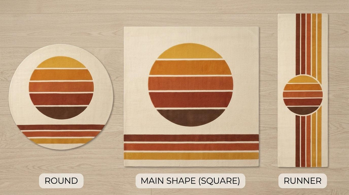 Handmade Retro Rug in wool, with mustard, orange, rust and brown sunset circles, ivory lines and stripes.