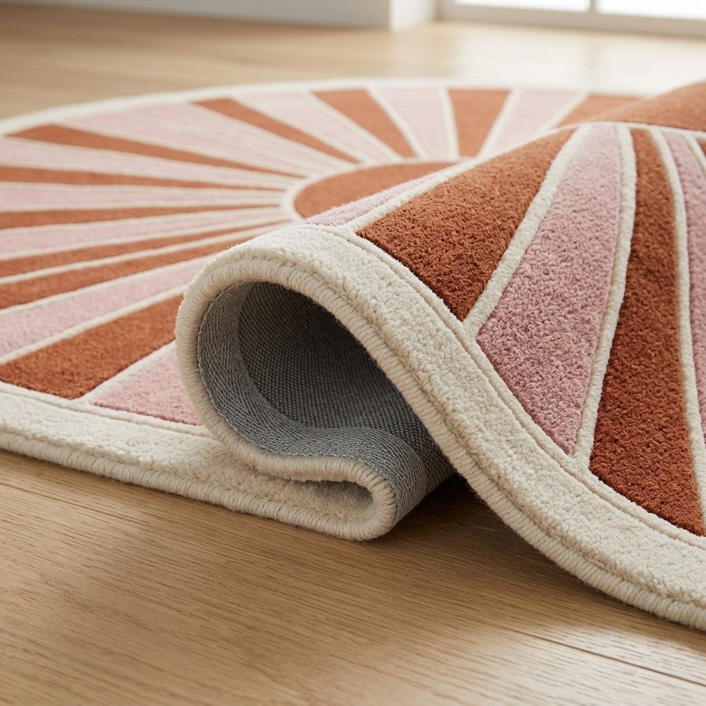 Handmade Retro Rug, an oval wool sunburst design in terracotta, blush pink and ivory with carved ray outlines and a plush pile.