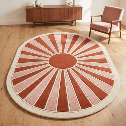 Handmade Retro Rug with terracotta and blush pink sunburst rays, ivory outlines and a wide oval border.