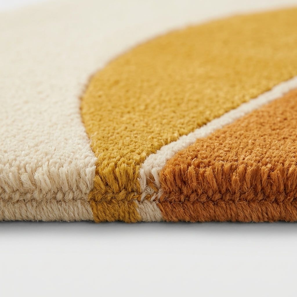 Handmade Retro Rug in plush wool, with mustard and rust-orange sunset bands on an ivory ground.