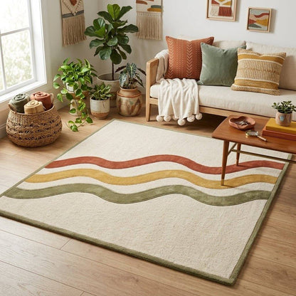 Hand Tufted Wavy Stripe Rug | Mid Century Retro Rug in Rust, Mustard & Olive - Wool Tufted Carpet