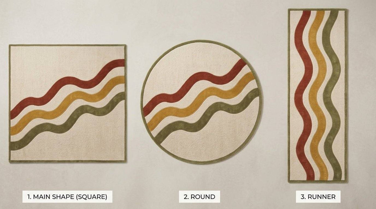 Hand Tufted Wavy Stripe Rug | Mid Century Retro Rug in Rust, Mustard & Olive - Wool Tufted Carpet