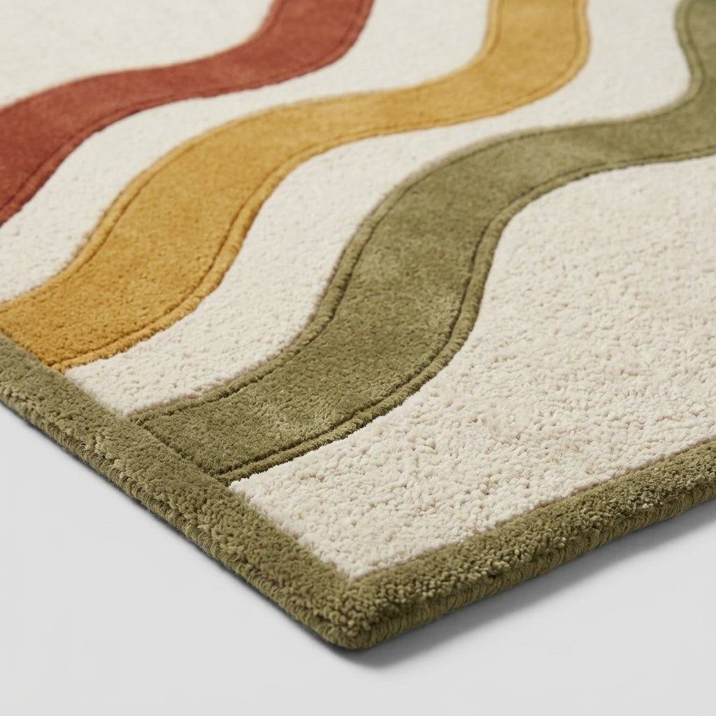 Hand Tufted Wavy Stripe Rug | Mid Century Retro Rug in Rust, Mustard & Olive - Wool Tufted Carpet