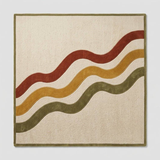 Hand Tufted Wavy Stripe Rug | Mid Century Retro Rug in Rust, Mustard & Olive - Wool Tufted Carpet