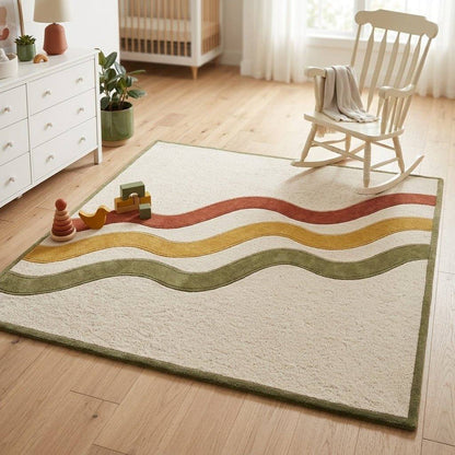 Hand Tufted Wavy Stripe Rug | Mid Century Retro Rug in Rust, Mustard & Olive - Wool Tufted Carpet