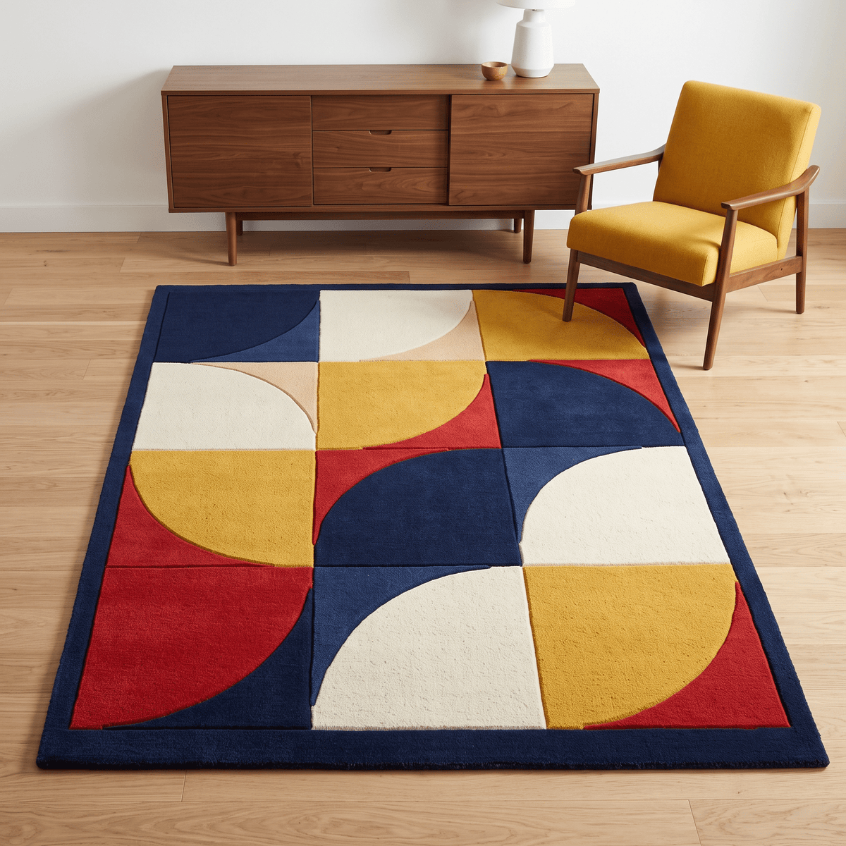 Handmade Retro Rug in wool with navy, red, mustard and ivory geometric quarter-circle blocks and a navy border