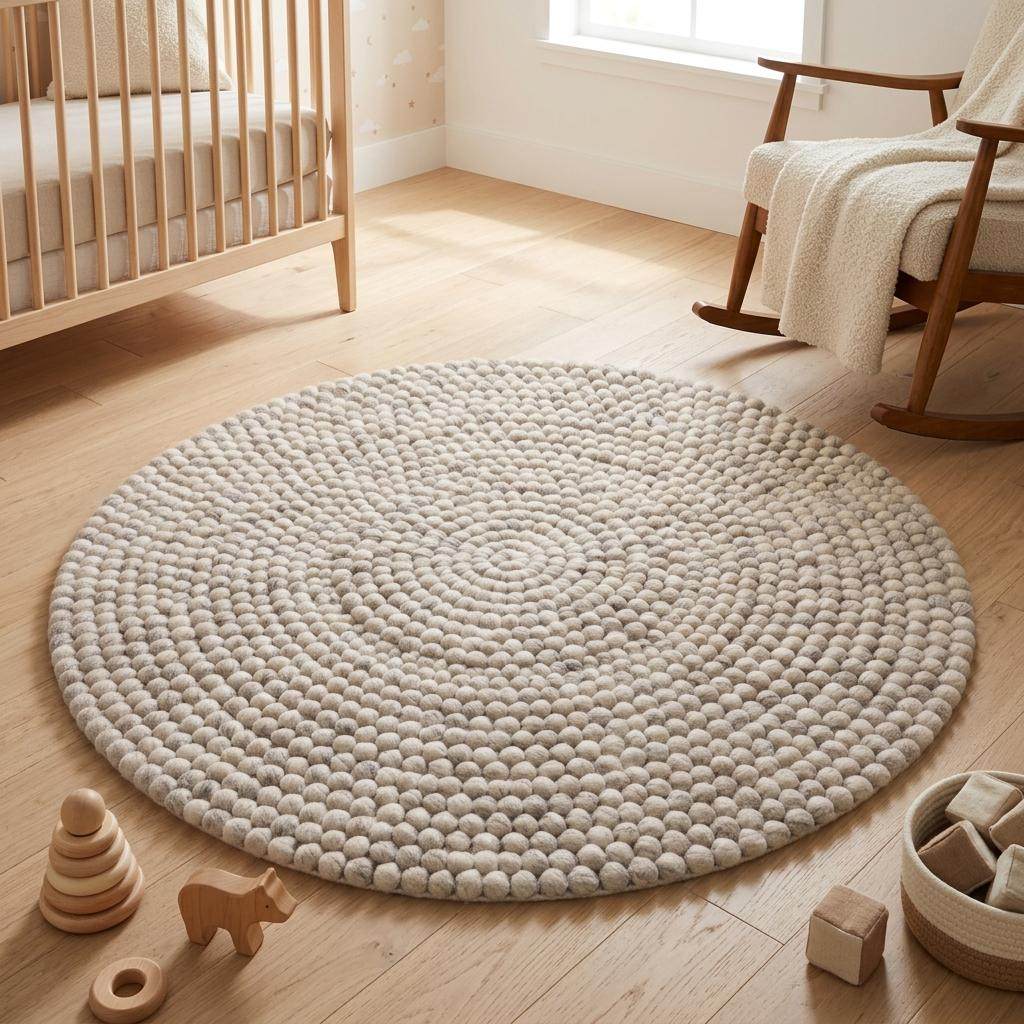 Handmade round wool felt ball rug with neutral pebble texture for Scandinavian nursery decor