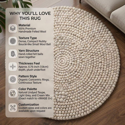 Handmade round wool felt ball rug with neutral pebble texture for Scandinavian nursery decor