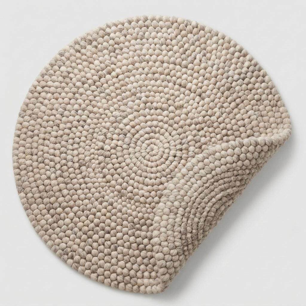 Handmade round wool felt ball rug with neutral pebble design for Scandinavian nursery decor