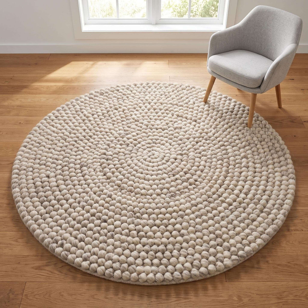 Handmade round wool felt ball rug with neutral pebble texture for Scandinavian nursery decor