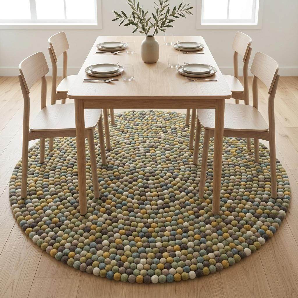 Handmade wool felt ball rug in sage green with earthy tones for nursery and boho playroom décor