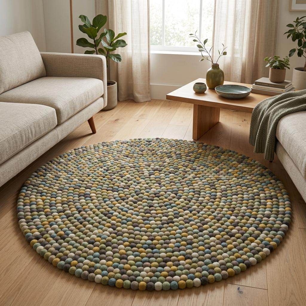 Handmade wool felt ball rug in sage green and earthy tones, round nursery and playroom decor