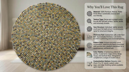 Handmade wool felt ball rug in sage green with earthy tones, round nursery and playroom carpet with soft textured design